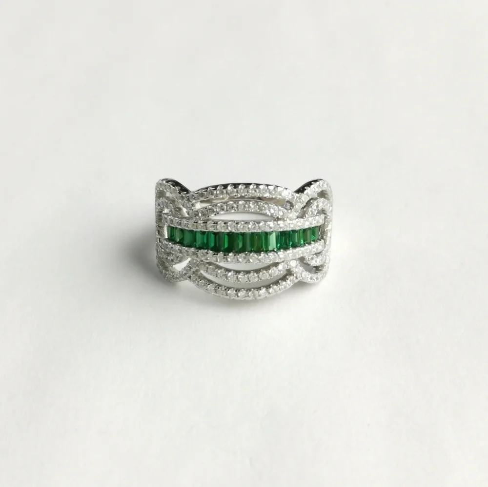 Art Deco Emerald CZ cocktail ring 14k white gold size 7